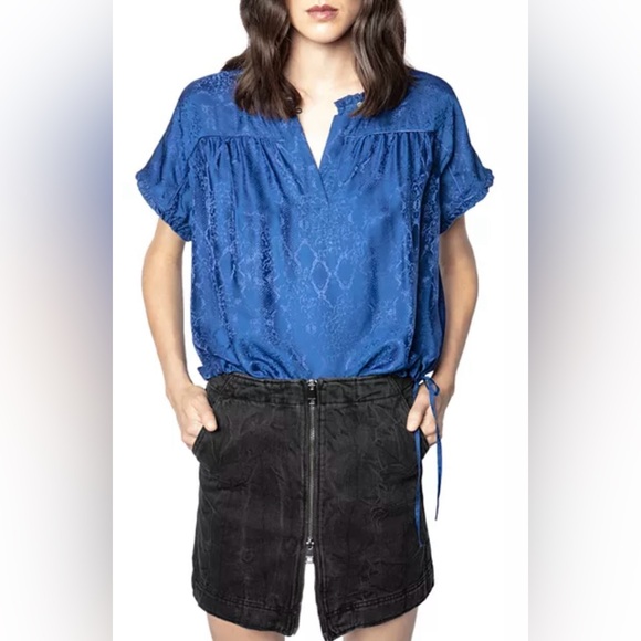 ZADIG & VOLTAIRE Womens Terson Python Print Tie Hem Silk Blend Top Blue Medium - Picture 1 of 9